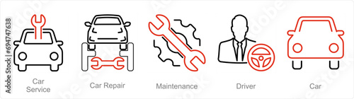A set of 5 Car icons as car service, car repair, maintenance