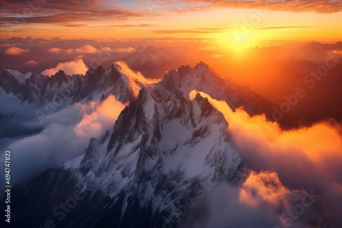 Aerial view of sunrise over snowy mountains, foggy and cloudy, clouds, mountain peaks, snow-covered mountains