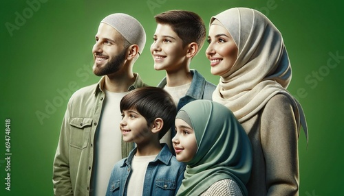 Famille musulmane heureuse regardant vers l'horizon sur fond vert photo
