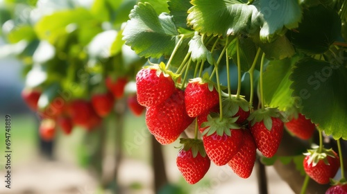 Fresh and plump red strawberries dangle from a tree in the garden  celebrating a day dedicated to the harvest of this delicious fruit