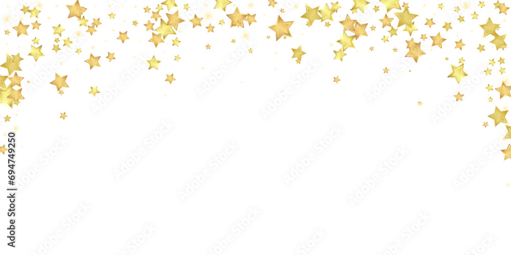 Magic stars vector overlay. Gold stars scattered around randomly, falling down, floating. Chaotic dreamy childish overlay template. Vector fairytale on white background.