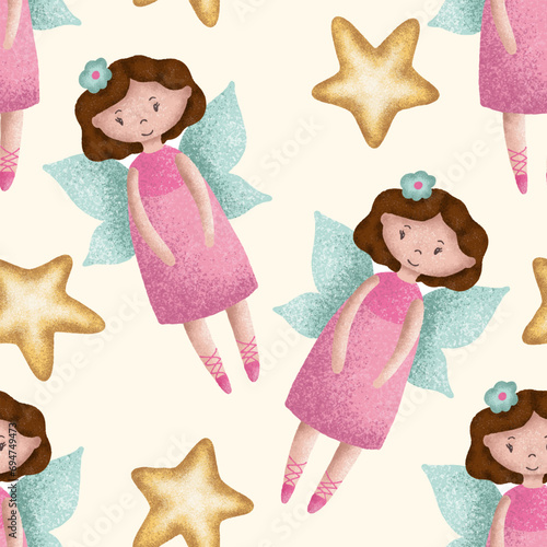 Cute fairy girl with wings and stars vector kids seamless pattern