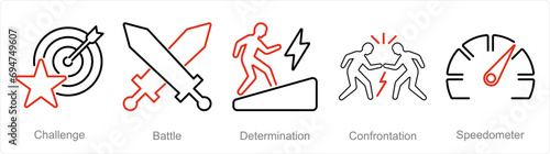 A set of 5 Challenge icons as challenge, battle, determination