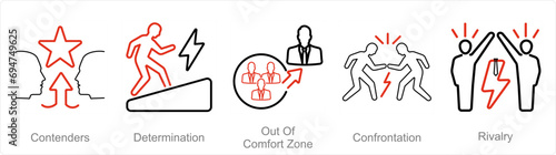 A set of 5 Challenge icons as contenders, determination, out of comfort zone