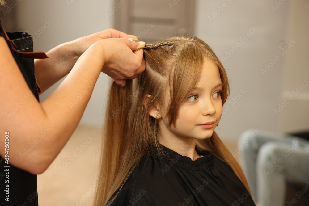 Fototapeta premium Professional hairdresser braiding girl's hair in beauty salon, closeup
