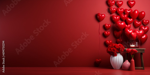 Valentine's day, 14 february theme banner. Love and romance background. Red wall with heart shapes. Space for text. photo