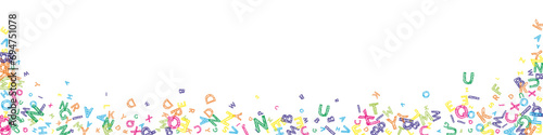 Falling letters of English language. Colorful messy sketch flying words of Latin alphabet. Foreign languages study concept. Brilliant back to school banner on white background.