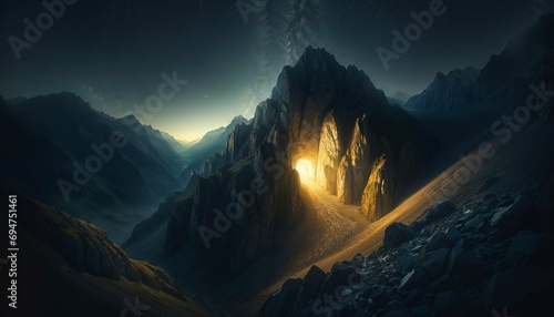 Lumière qui jaillit d'une grotte en montagne photo