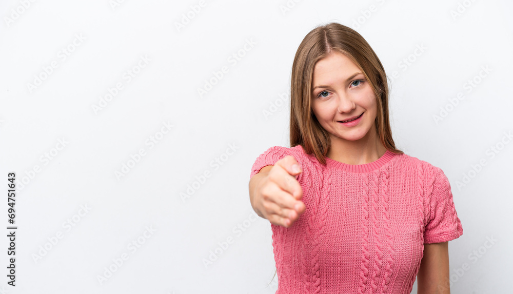 Young Russian woman isolated on white background shaking hands for closing a good deal Young Russian woman isolated on white background shaking hands for closing a good deal
