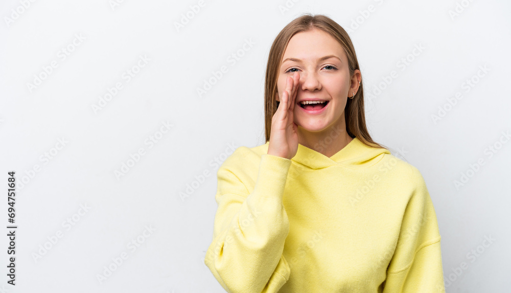 Young Russian woman isolated on white background shouting with mouth wide open Young Russian woman isolated on white background shouting with mouth wide open