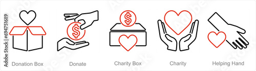 A set of 5 Charity and donation icons as donation box, donate, charity box photo