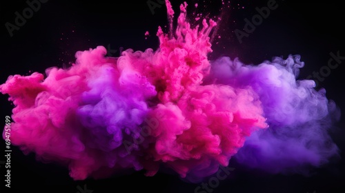 The dramatic dispersion of pink and purple powder on a black canvas, capturing the lively and feminine essence of Holi paint splashes in violet and pink