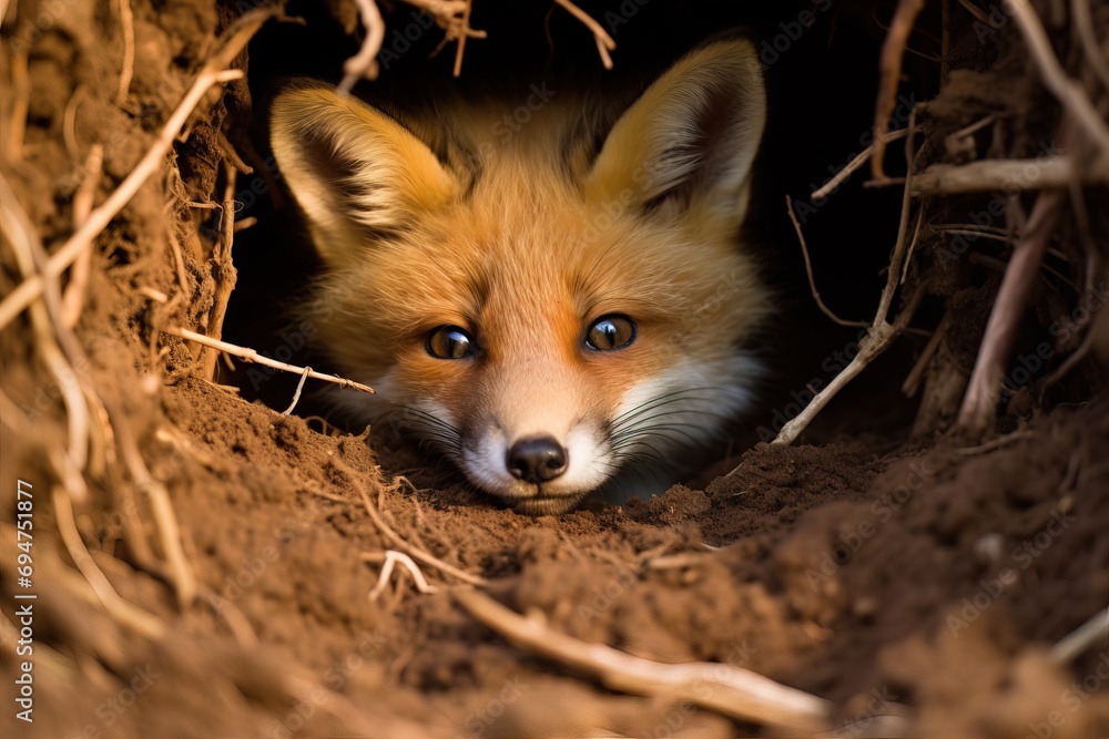 Obraz premium fox cub hiding in its burrow