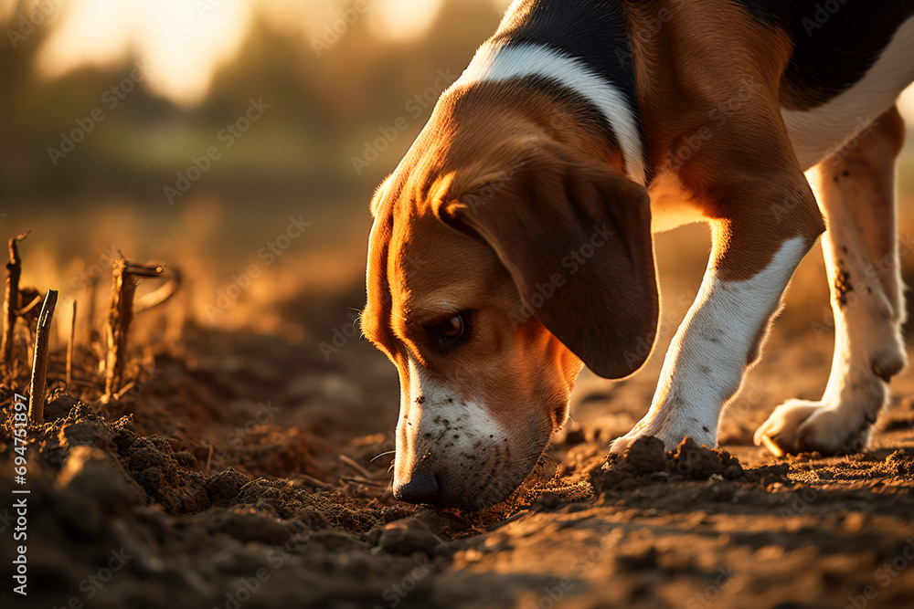 English foxhound sniffing to follow the scent during foxhunts - obrazy, fototapety, plakaty 