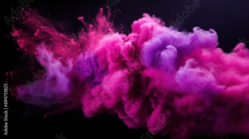 A dynamic display of pink and purple powder exploding against a black background, capturing the vibrant splashes of Holi paint powder in feminine shades of violet and pink