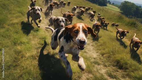 pack of english foxhounds running during a fox hunting chase