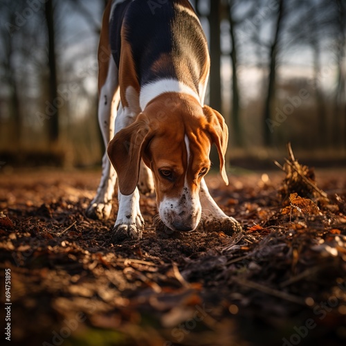 English foxhound sniffing to follow the scent during foxhunts photo