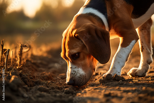 English foxhound sniffing to follow the scent during foxhunts photo
