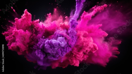 A dynamic display of pink and purple powder exploding against a black background  capturing the vibrant splashes of Holi paint powder in feminine shades of violet and pink