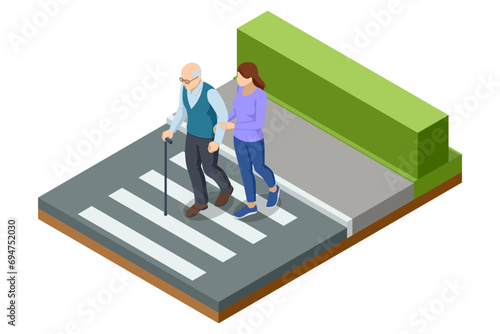 Isometric concept of helping the elderly in the city. A woman helps an old man cross the road at a pedestrian crossing