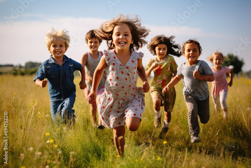 group of children running together in a field