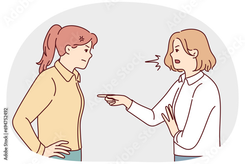Angry women fighting or quarrelling. Mad furious girls blame each other, making guilty. Anger and misunderstanding. Vector illustration.