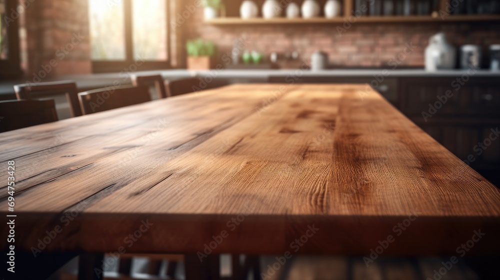 Empty brown wooden table top and blurred defocused modern kitchen background, AI Generative Empty brown wooden table top and blurred defocused modern kitchen background, AI Generative