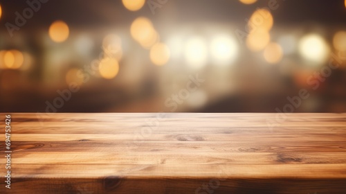 Empty brown wooden table top and blurred defocused modern kitchen background, AI Generative