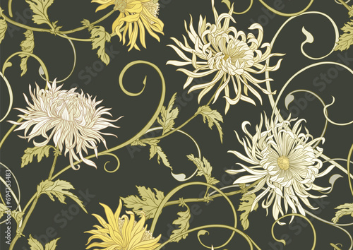 Chrysanthemum decorative flowers and leaves in art nouveau style, vintage, old, retro style. Seamless pattern, background. Vector illustration.