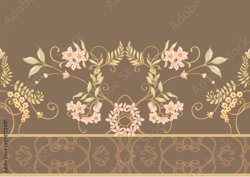 Fantasy flowers, decorative flowers and leaves in art nouveau style, vintage, old, retro style. Seamless border pattern, linear ornament, ribbon Vector illustration.
