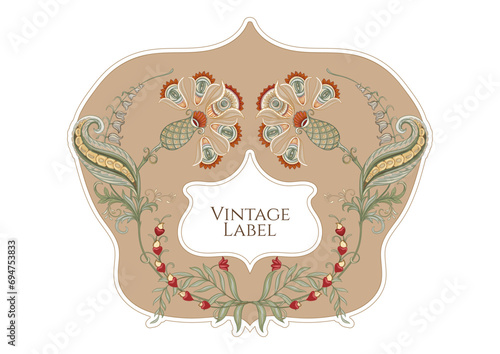 Fantasy flowers in retro, vintage, jacobean embroidery style. Border, frame, template for product label, cosmetic packaging. Vector illustration.