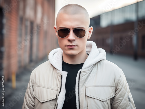 Portrait young hateful skinhead outside photo