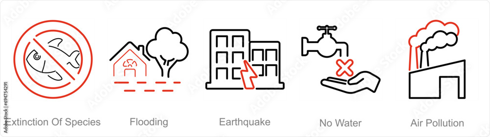 A set of 5 climate change icons as extinction of species, flooding, earthquake - obrazy, fototapety, plakaty 