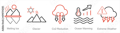 A set of 5 climate change icons as melting ice, glacier, co2 reduction