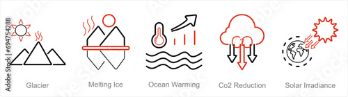 A set of 5 climate change icons as glacier, melting ice, ocean warming