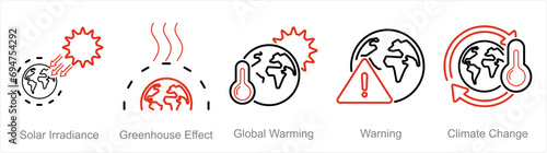 A set of 5 climate change icons as solar irradiance, greenhouse effect, global warming photo