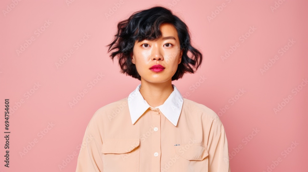Korean beauty radiates in a fashion-forward portrait, showcasing diverse hairstyles, makeup, and neutral modern clothing against a soft pink studio background. Korean beauty radiates in a fashion-forward portrait, showcasing diverse hairstyles, makeup, and neutral modern clothing against a soft pink studio background.