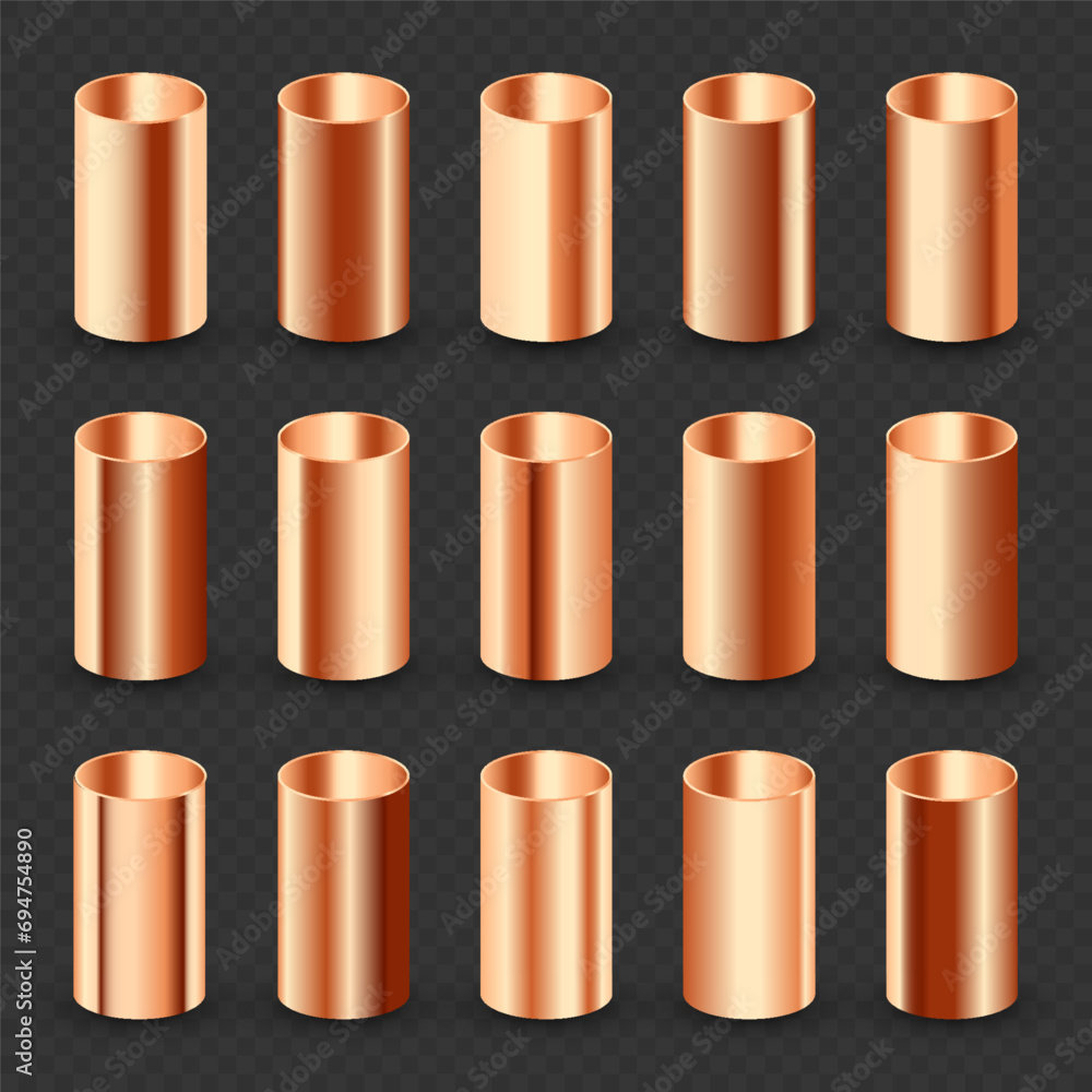 Copper pipes collection. Construction material, pipeline. Industry and engineering. Polished metal texture with silver gradient. Vector illustration Copper pipes collection. Construction material, pipeline. Industry and engineering. Polished metal texture with silver gradient. Vector illustration