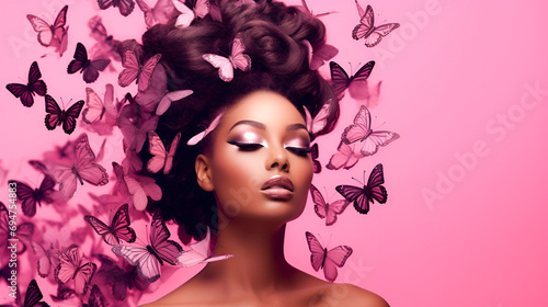 Art portrait of an African American girl with pink butterflies in her hair and professional makeup, fantasy in Barbie Pink style on a studio pink background with copy space. naturalness of cosmetic