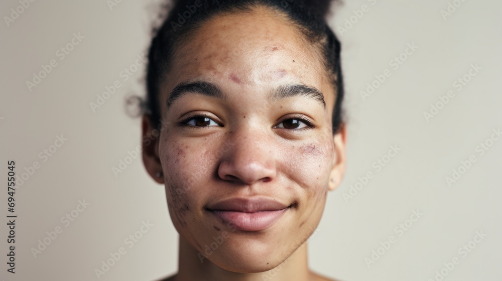 A real woman with imperfect skin embraces her uniqueness against a beige studio backdrop. A real woman with imperfect skin embraces her uniqueness against a beige studio backdrop.