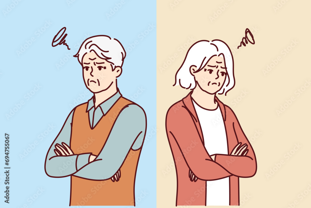 Quarreled seniors look in different directions due to differences or dissimilar interests. Quarreled old man and woman need counseling from family psychologist to restore relationship Quarreled seniors look in different directions due to differences or dissimilar interests. Quarreled old man and woman need counseling from family psychologist to restore relationship