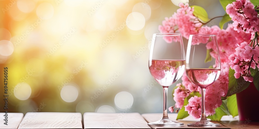 Romantic celebration: wine glasses, spring flowers and the beauty of nature create the atmosphere of a delightful event. - obrazy, fototapety, plakaty 
