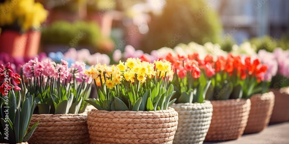 Colorful spring flowers in pots at the fair adding beauty and freshness to the surroundings. - obrazy, fototapety, plakaty 