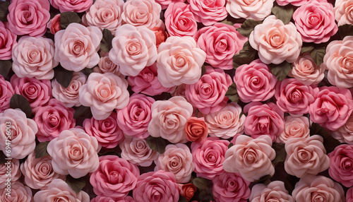 Pink and white rose flowers wall. Top view flower wall background.