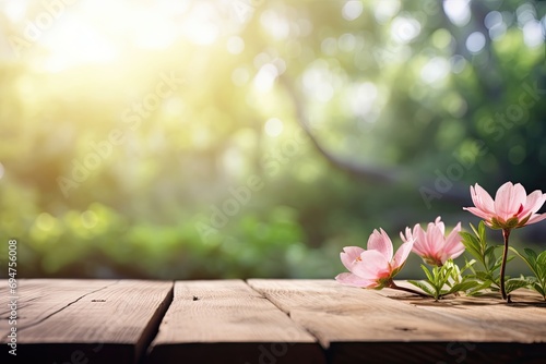 Wooden empty table overlooking a vibrant garden filled with blooming flowers, lush greenery and the beauty of spring. © Iryna