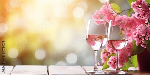 Romantic celebration: wine glasses, spring flowers and the beauty of nature create the atmosphere of a delightful event.