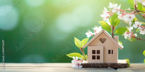 Green living concept: miniature model of a wooden house surrounded by flowers, symbolizing green living and sustainable architecture. photo
