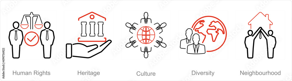 A set of 5 Community icons as human rights, heritage, culture