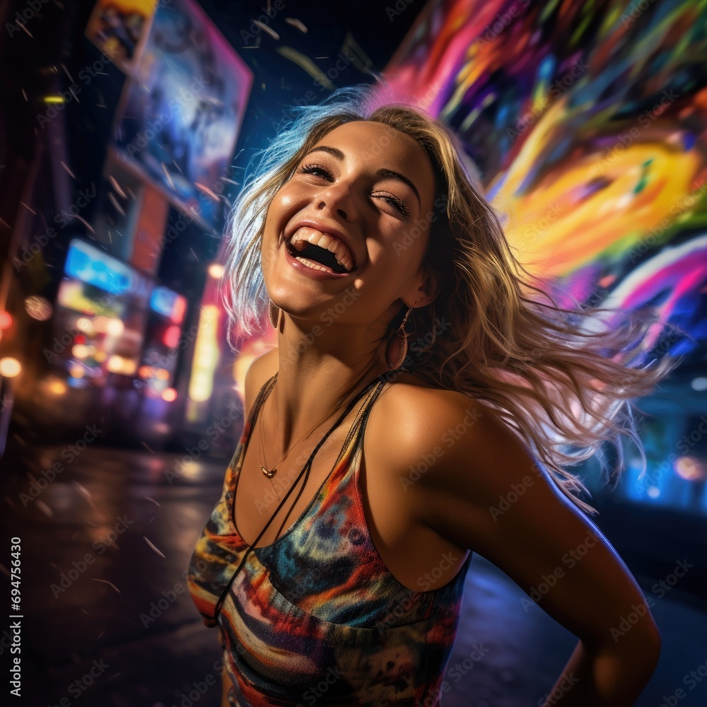 A woman laughing in the street at night. Generative AI.