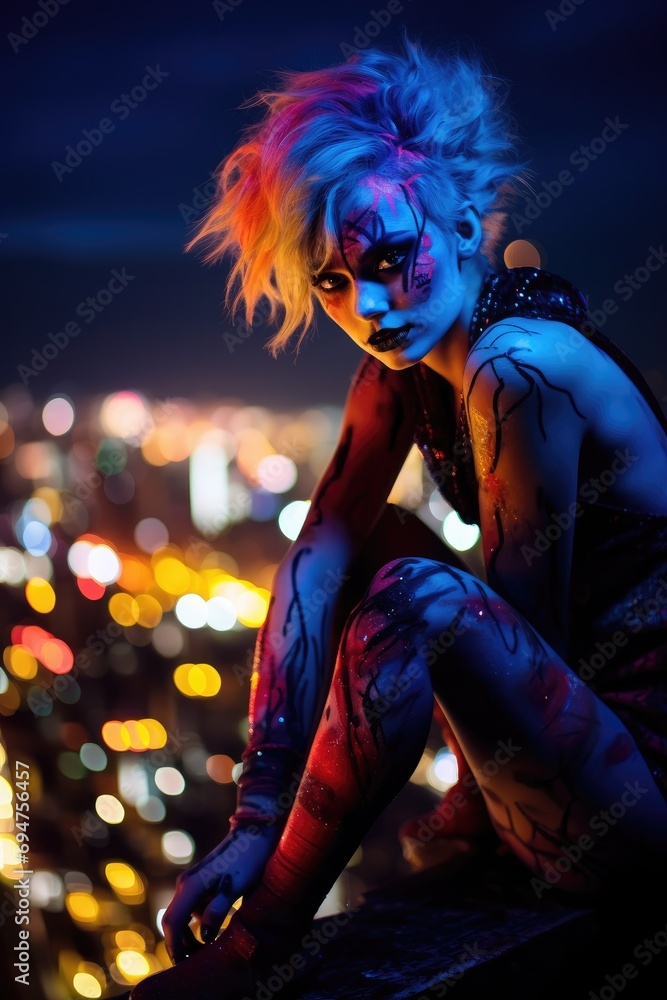 A woman with colorful makeup sitting on a ledge. Generative AI. A woman with colorful makeup sitting on a ledge. Generative AI.